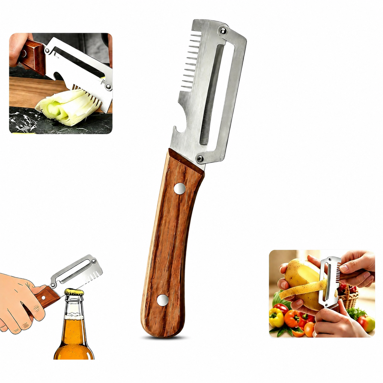 3-in-1 Multifunctional Peeler Knife with Bottle Opener & Wooden Handle