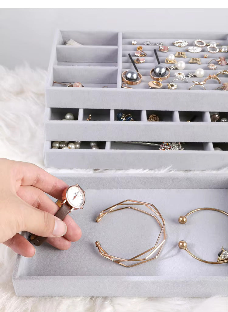 4 Pcs Stackable Velvet Jewelry Organizer Tray For Drawer