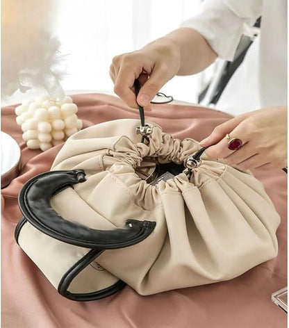 Elegant Drawstring Makeup Storage Bag with Donut Handle