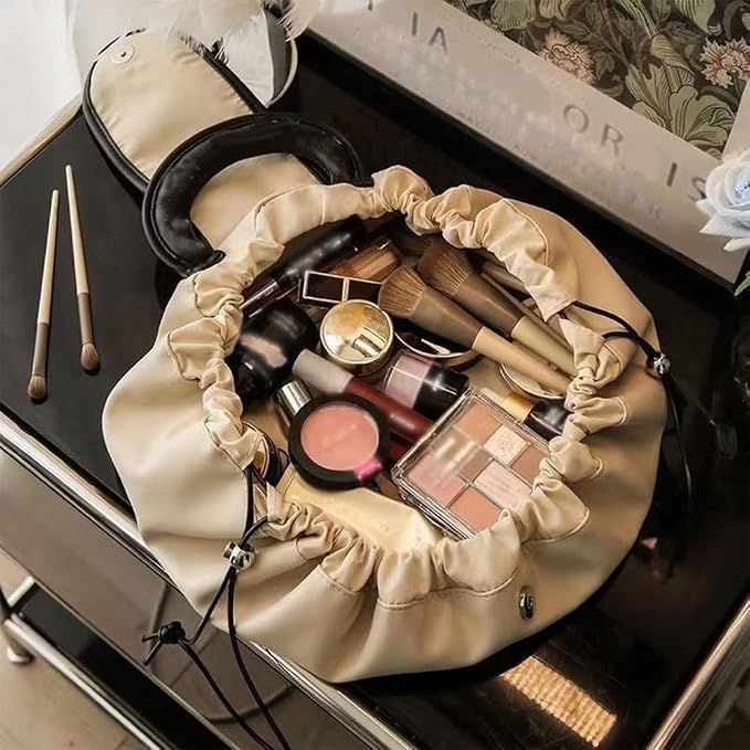 Elegant Drawstring Makeup Storage Bag with Donut Handle