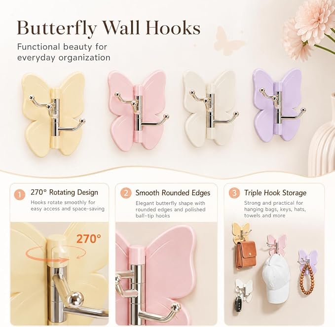 Rotating Butterfly Hooks Strong Adhesive Wall Organizer