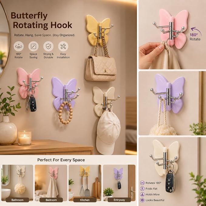 Rotating Butterfly Hooks Strong Adhesive Wall Organizer