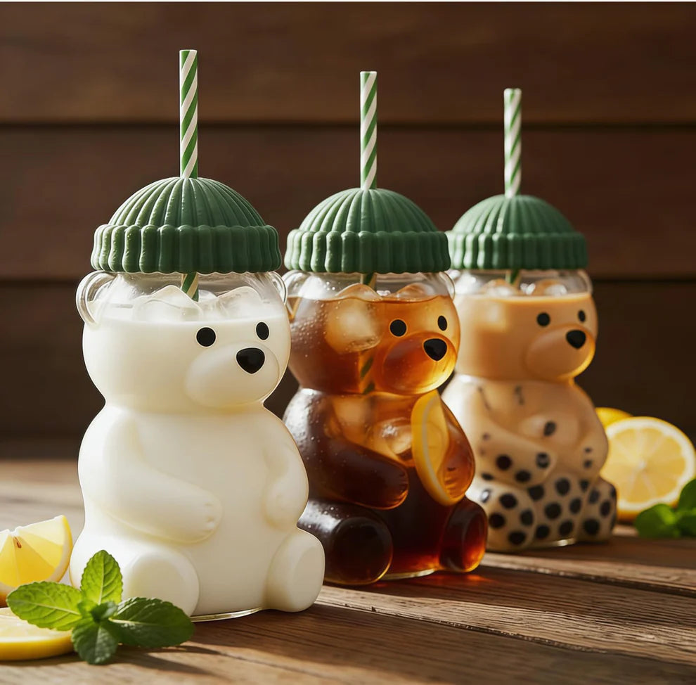 Premium Teddy Bear Glass Tumbler with Straw & Lid (550ML)