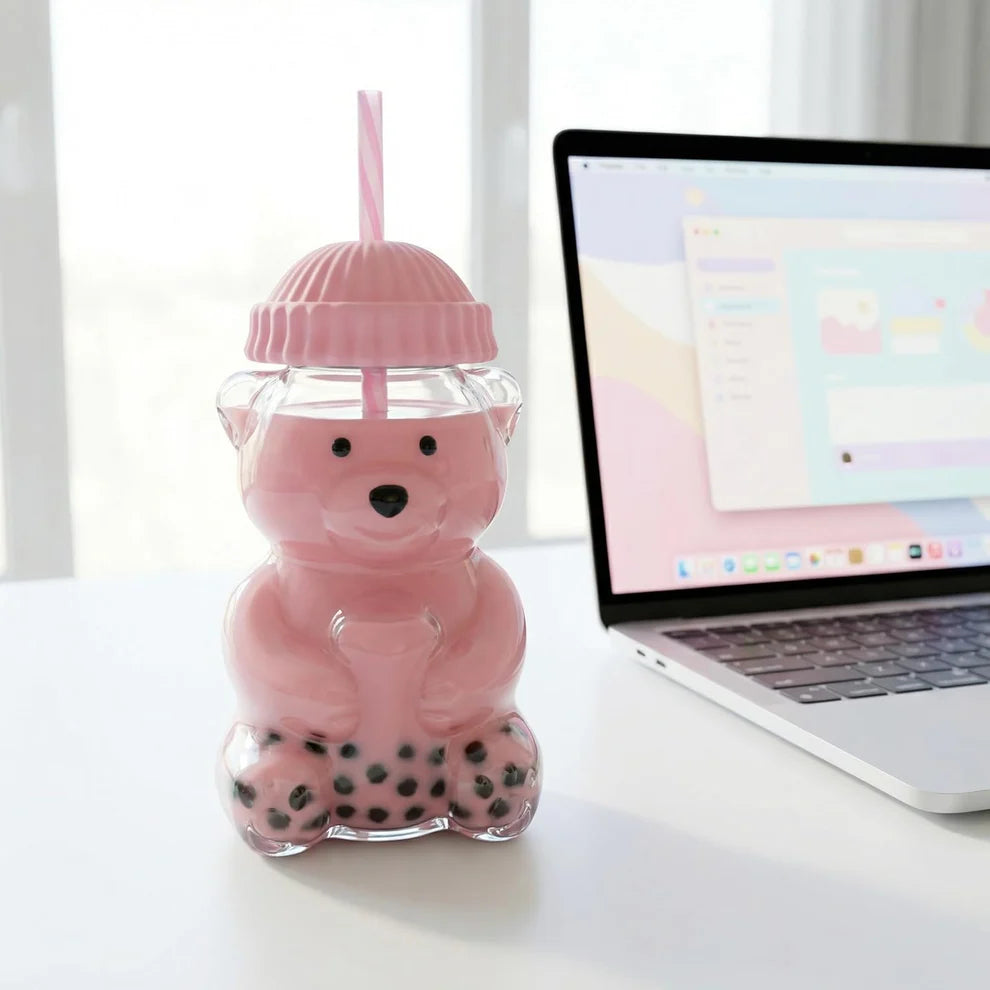 Premium Teddy Bear Glass Tumbler with Straw & Lid (550ML)