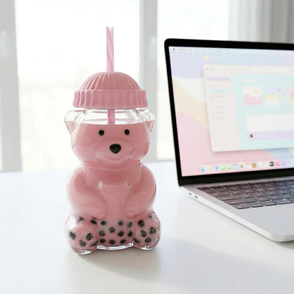 Premium Teddy Bear Glass Tumbler with Straw & Lid (550ML)
