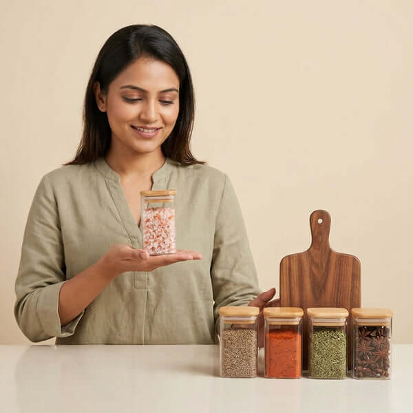 Premium Borosilicate Glass Spice Jar with Bamboo Lid – 270 ml