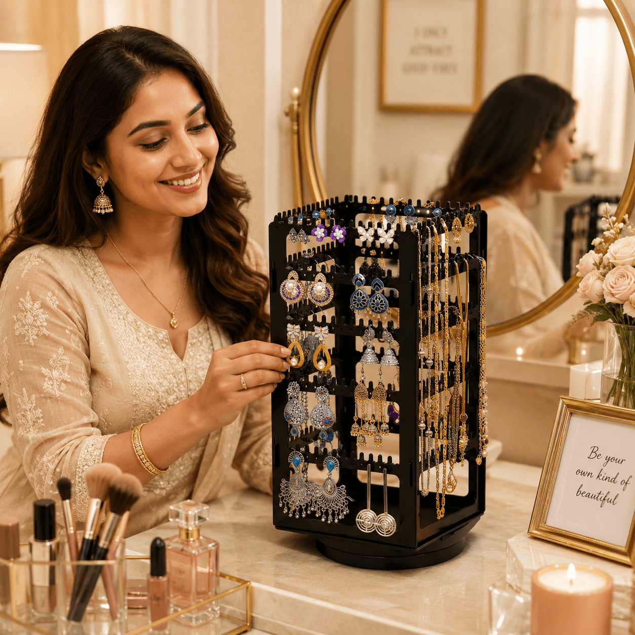Luxury Rotating Jewelry Storage Tower with Necklace & Earring Organizer