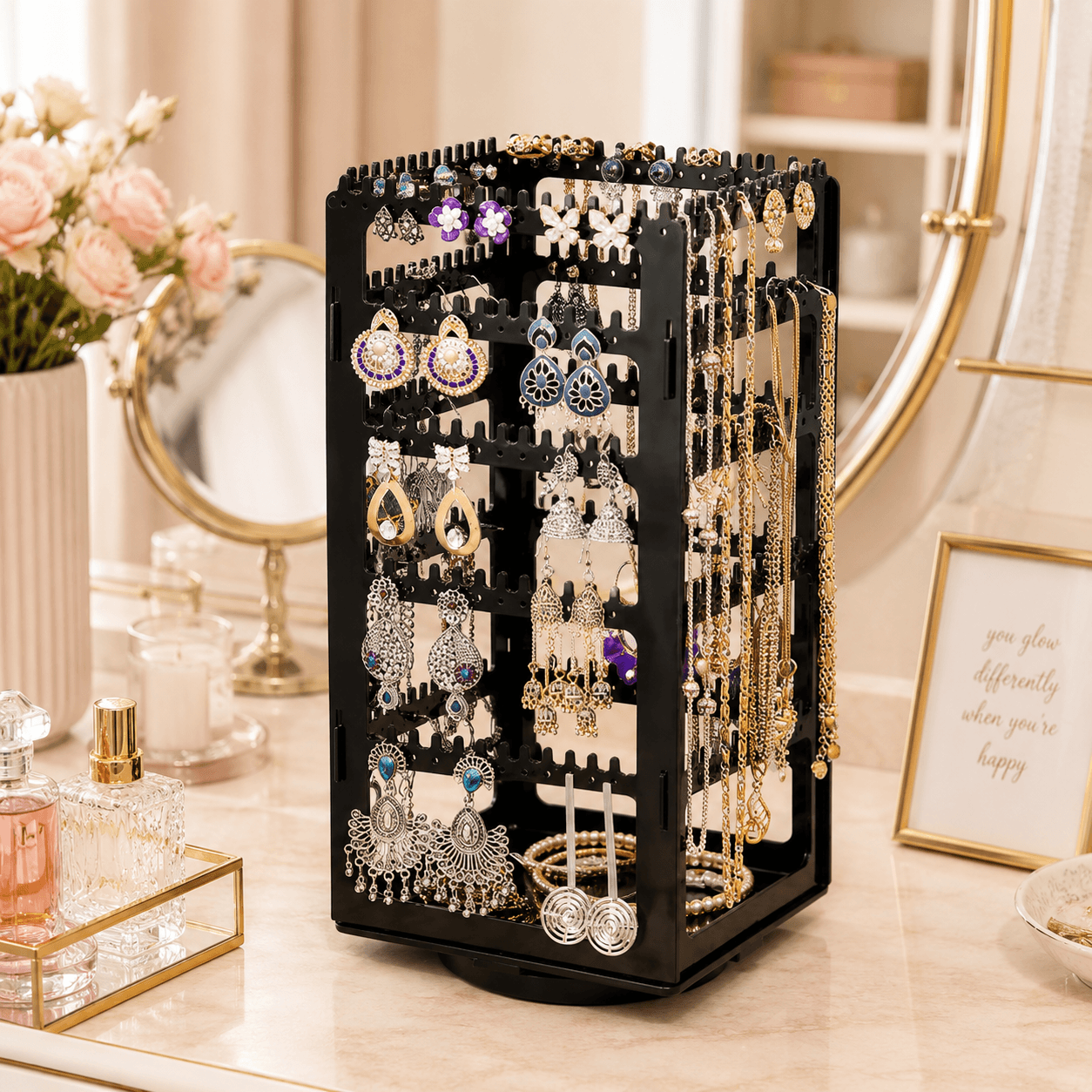Luxury Rotating Jewelry Storage Tower with Necklace & Earring Organizer