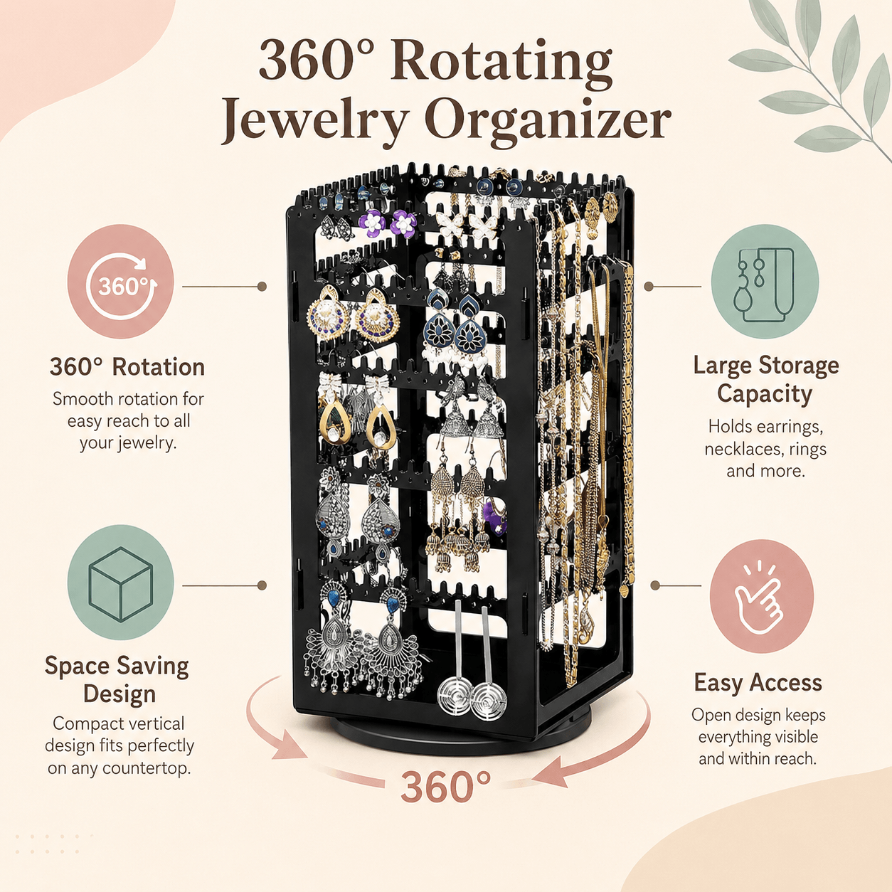 Luxury Rotating Jewelry Storage Tower with Necklace & Earring Organizer