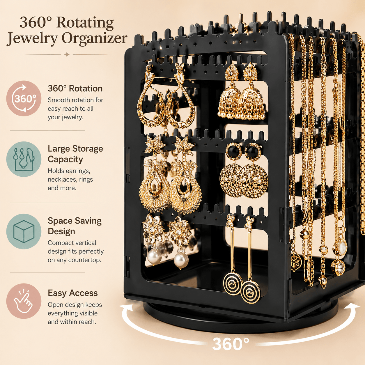 Luxury Rotating Jewelry Storage Tower with Necklace & Earring Organizer