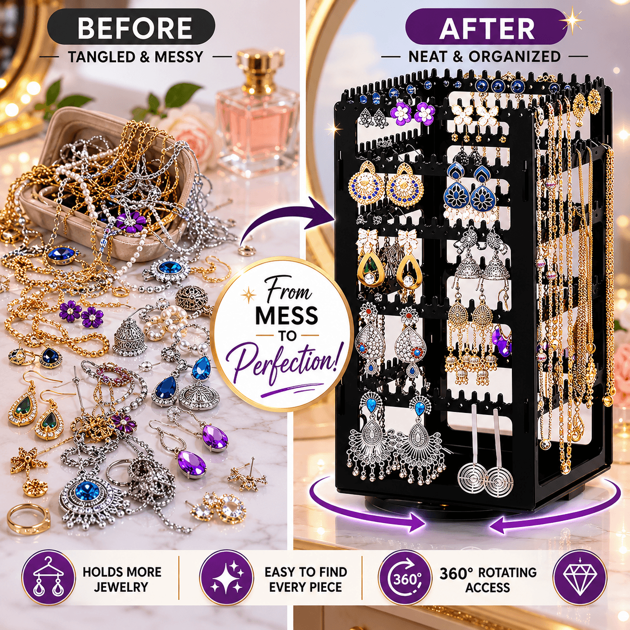 Luxury Rotating Jewelry Storage Tower with Necklace & Earring Organizer