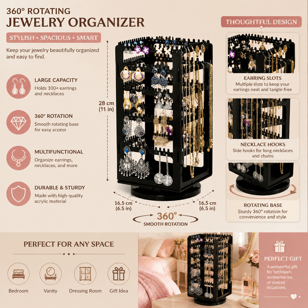 Luxury Rotating Jewelry Storage Tower with Necklace & Earring Organizer