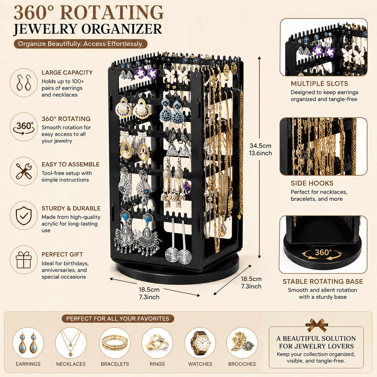 Luxury Rotating Jewelry Storage Tower with Necklace & Earring Organizer