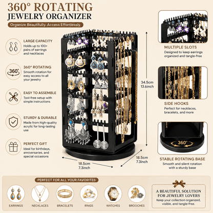 Luxury Rotating Jewelry Storage Tower with Necklace & Earring Organizer