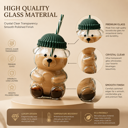 Premium Teddy Bear Glass Tumbler with Straw & Lid (550ML)