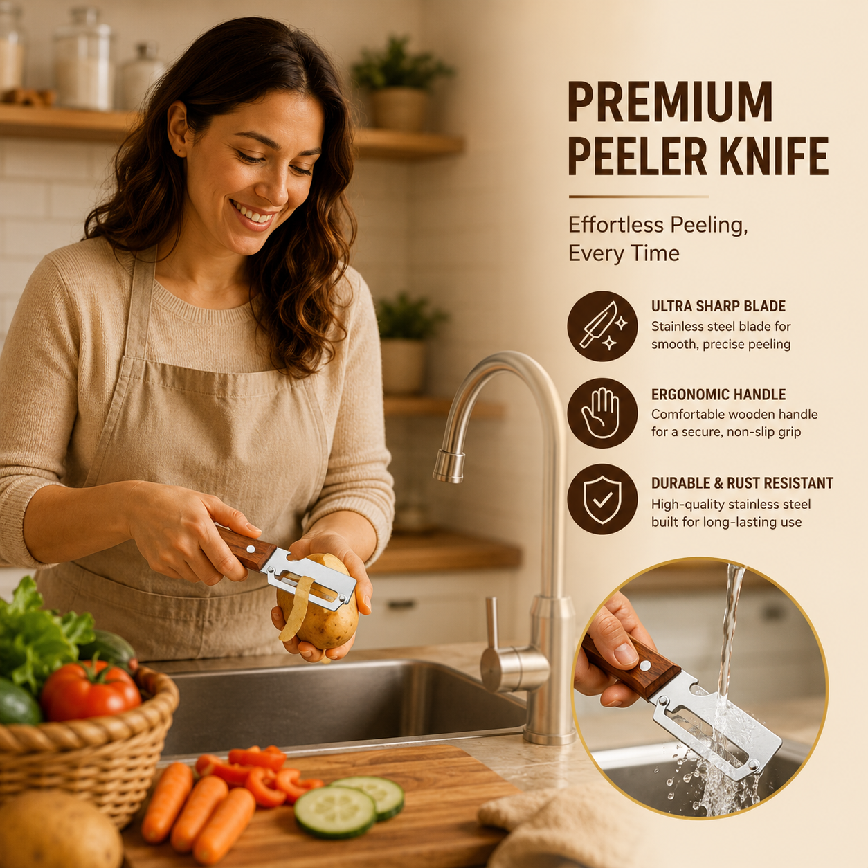 3-in-1 Multifunctional Peeler Knife with Bottle Opener & Wooden Handle