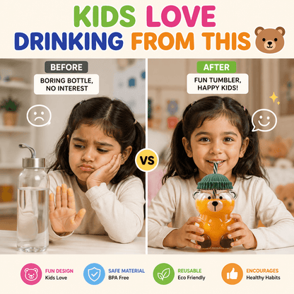 Premium Teddy Bear Glass Tumbler with Straw & Lid (550ML)