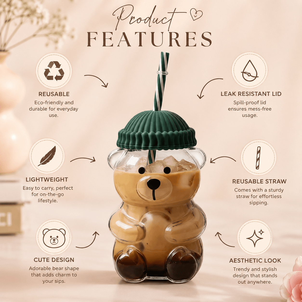 Premium Teddy Bear Glass Tumbler with Straw & Lid (550ML)