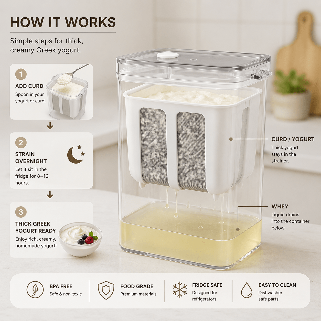 Greek Yogurt Strainer Container for Thick Homemade Yogurt