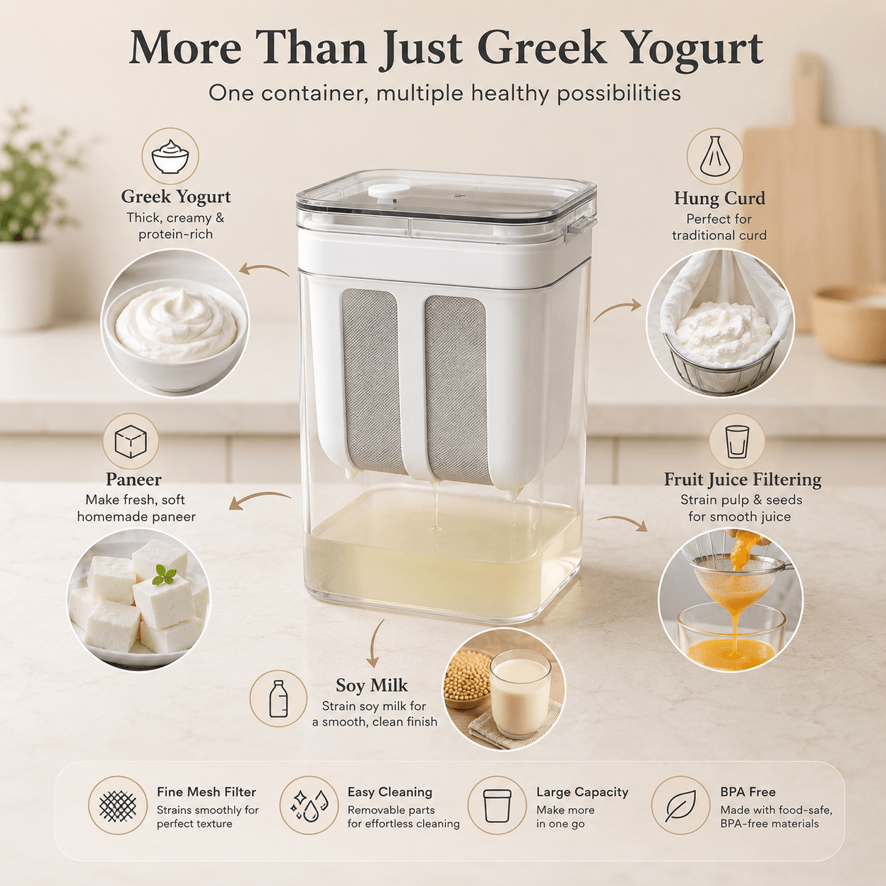 Greek Yogurt Strainer Container for Thick Homemade Yogurt