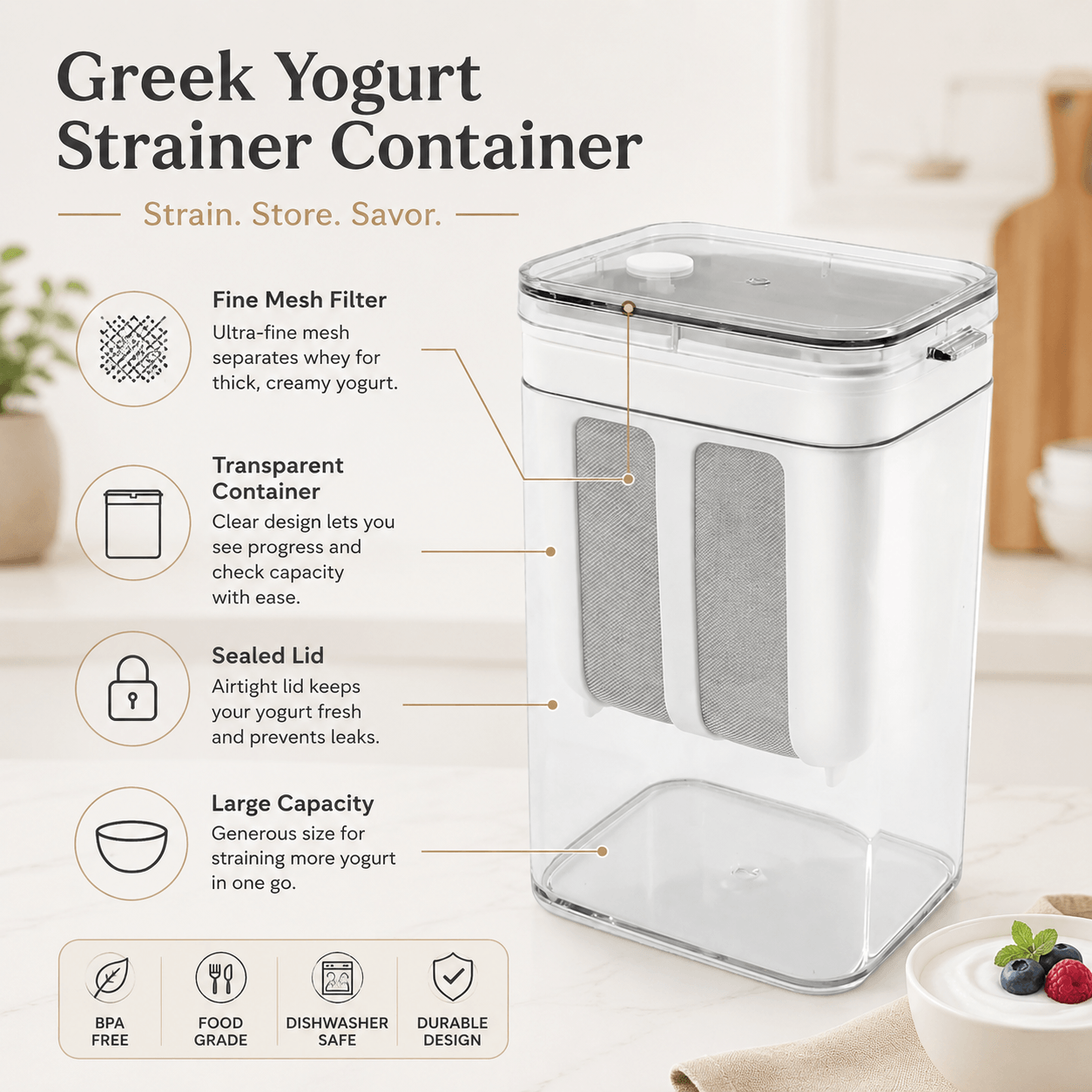 Greek Yogurt Strainer Container for Thick Homemade Yogurt