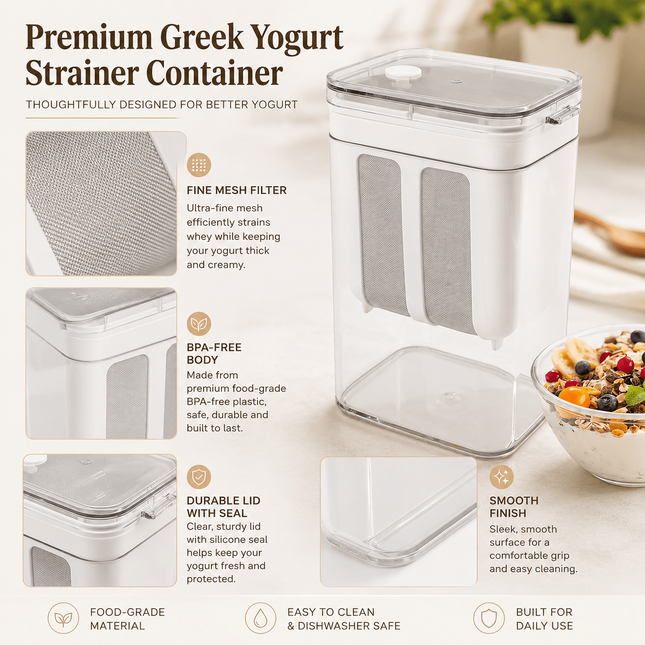 Greek Yogurt Strainer Container for Thick Homemade Yogurt
