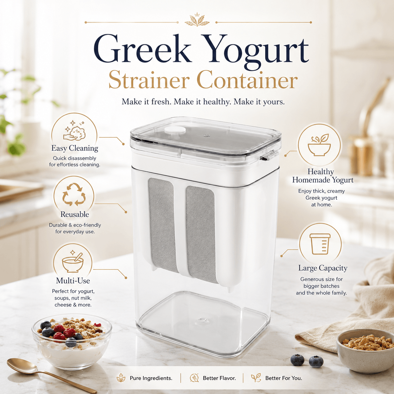 Greek Yogurt Strainer Container for Thick Homemade Yogurt