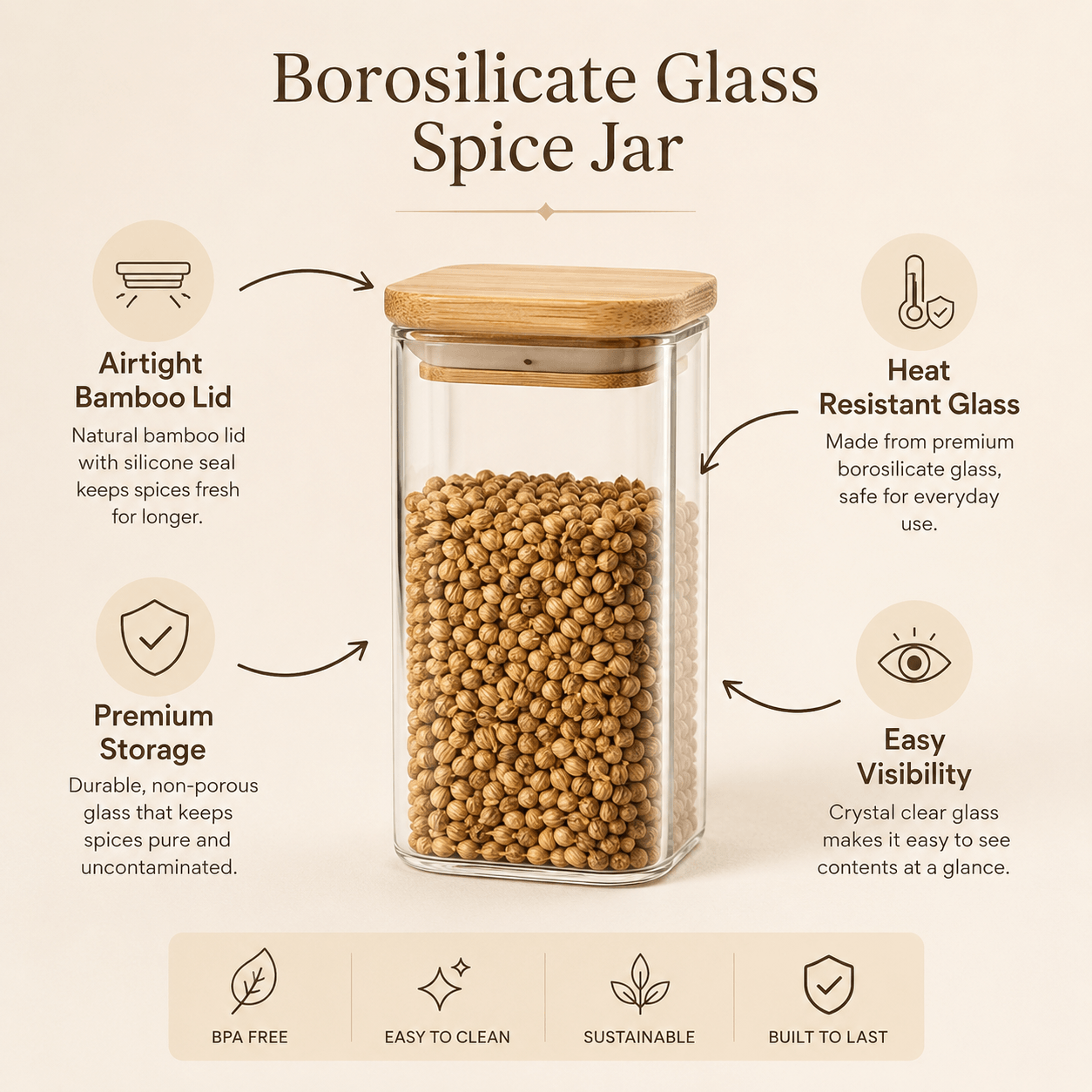 Premium Borosilicate Glass Spice Jar with Bamboo Lid – 270 ml