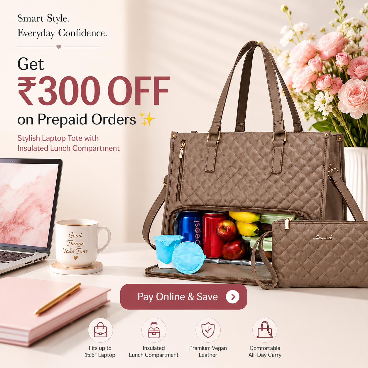 2-in-1 Women's Tote Bag - Laptop + Lunch, One Elegant Bag
