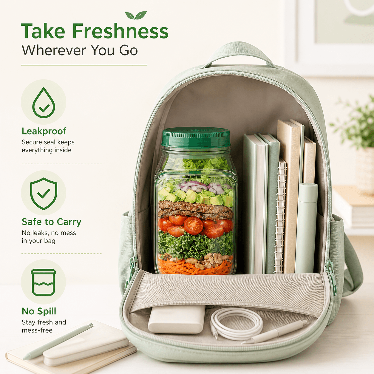Portable Leakproof Salad Jar with Side Opening