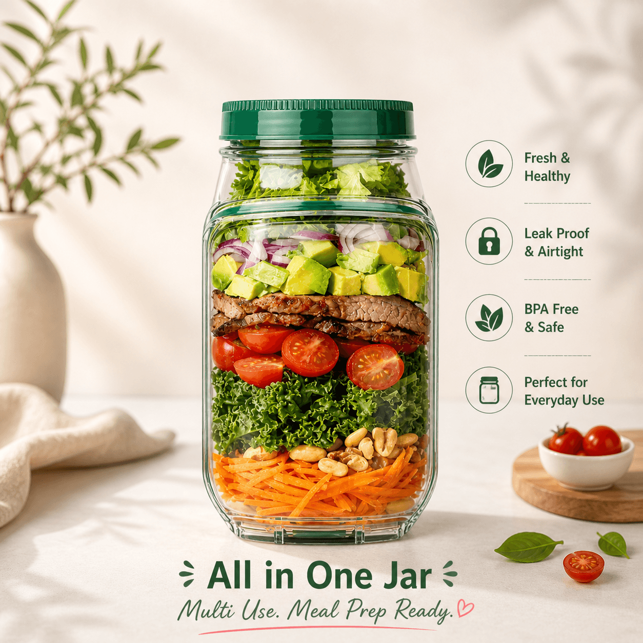 Portable Leakproof Salad Jar with Side Opening