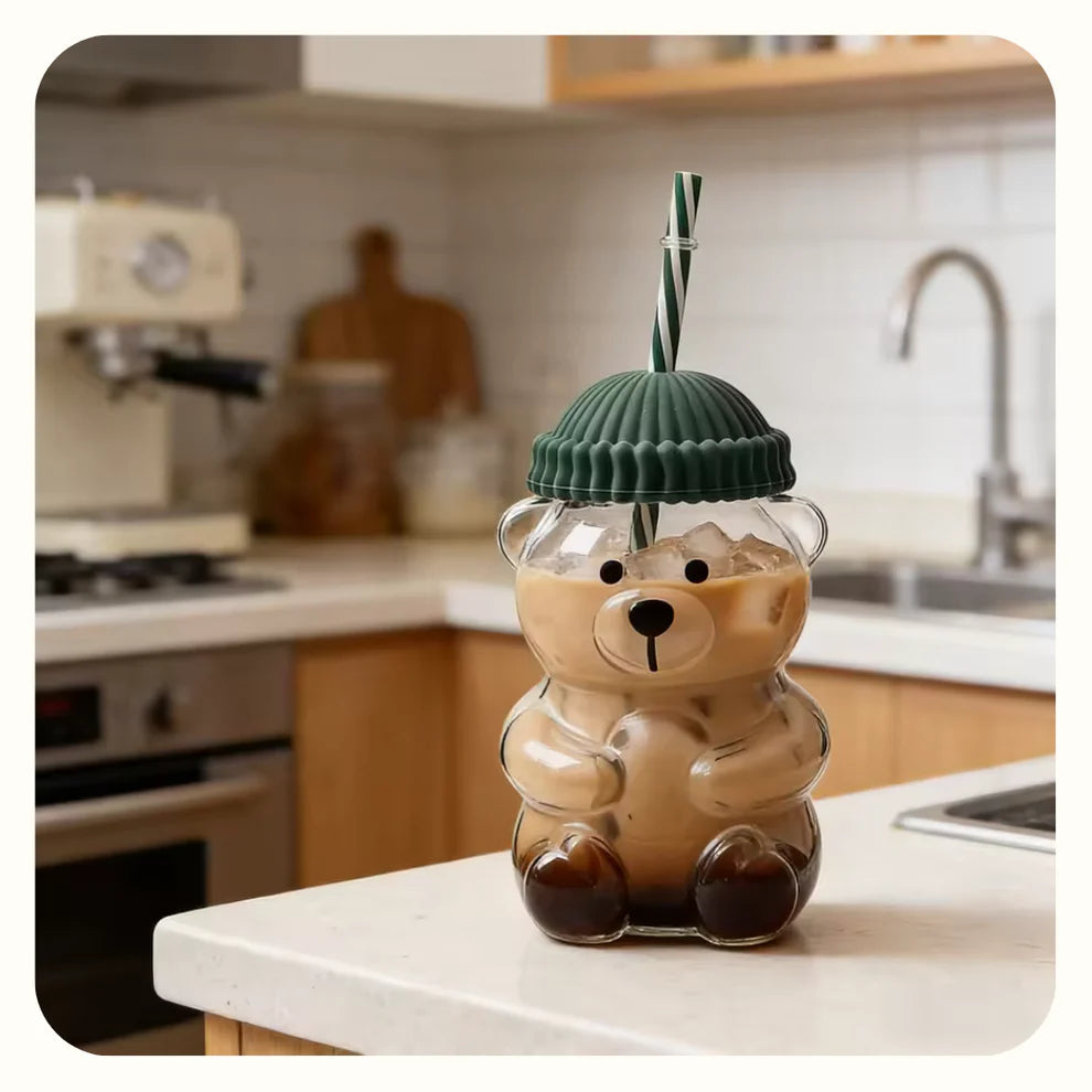 Premium Teddy Bear Glass Tumbler with Straw & Lid (550ML)
