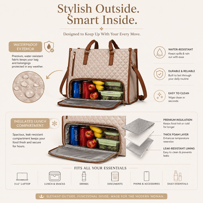 3-in-1 Women's Tote Bag - Laptop + Lunch, One Elegant Bag