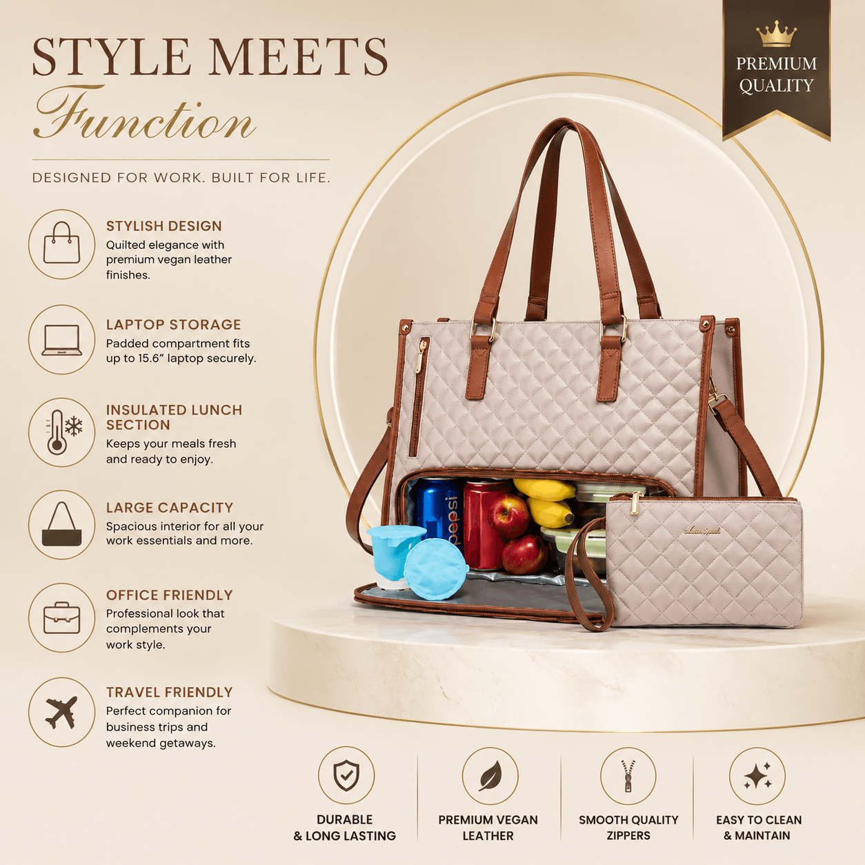 3-in-1 Women's Tote Bag - Laptop + Lunch, One Elegant Bag