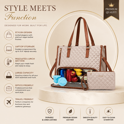 3-in-1 Women's Tote Bag - Laptop + Lunch, One Elegant Bag