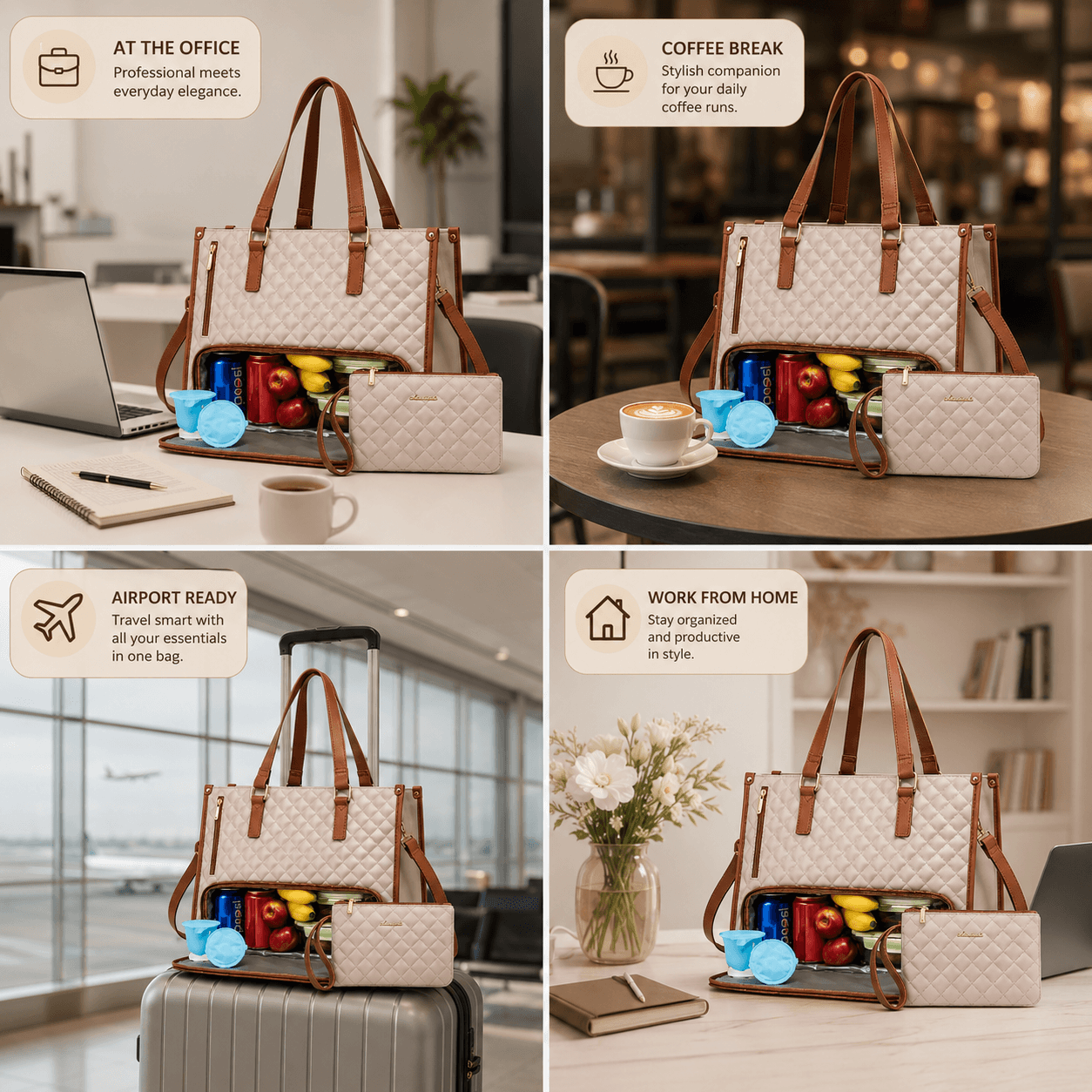 3-in-1 Women's Tote Bag - Laptop + Lunch, One Elegant Bag