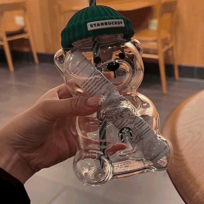 Premium Teddy Bear Glass Tumbler with Straw & Lid (550ML)