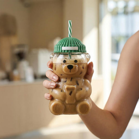 Premium Teddy Bear Glass Tumbler with Straw & Lid (550ML)